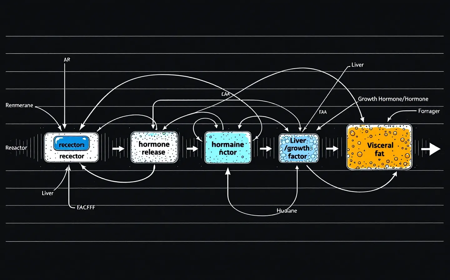 Bare web-brutalist schematic of a GHRH-receptor signaling cascade drawn as a stepped chain of hard-bordered ultramarine blocks connected by thin rules on a near-black ink ground