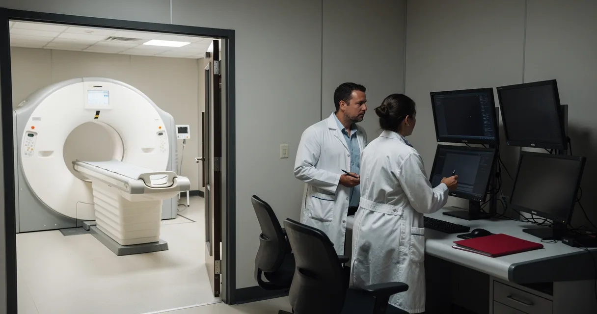 Two technicians in a CT control room with an empty scanner visible through a window