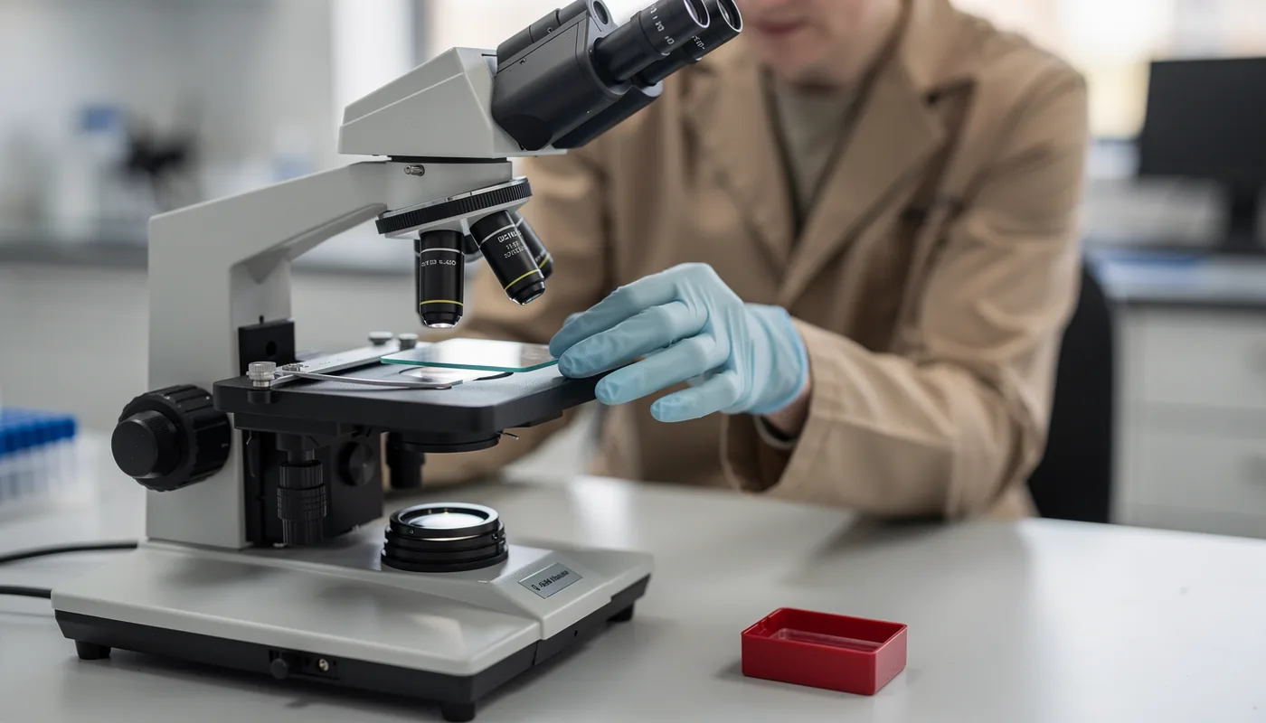 A laboratory worker examining a glass slide beside a microscope