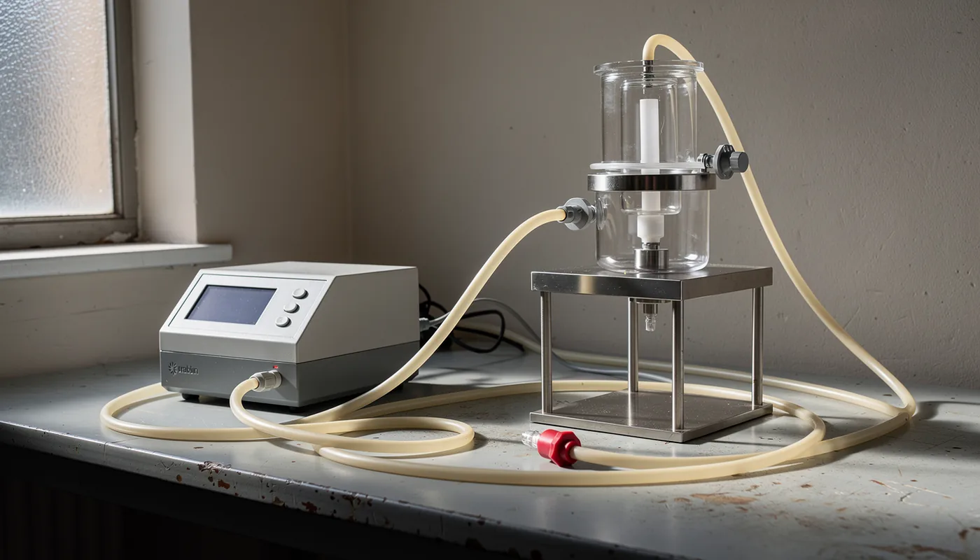 Glass aerosol chamber and tubing on a laboratory bench