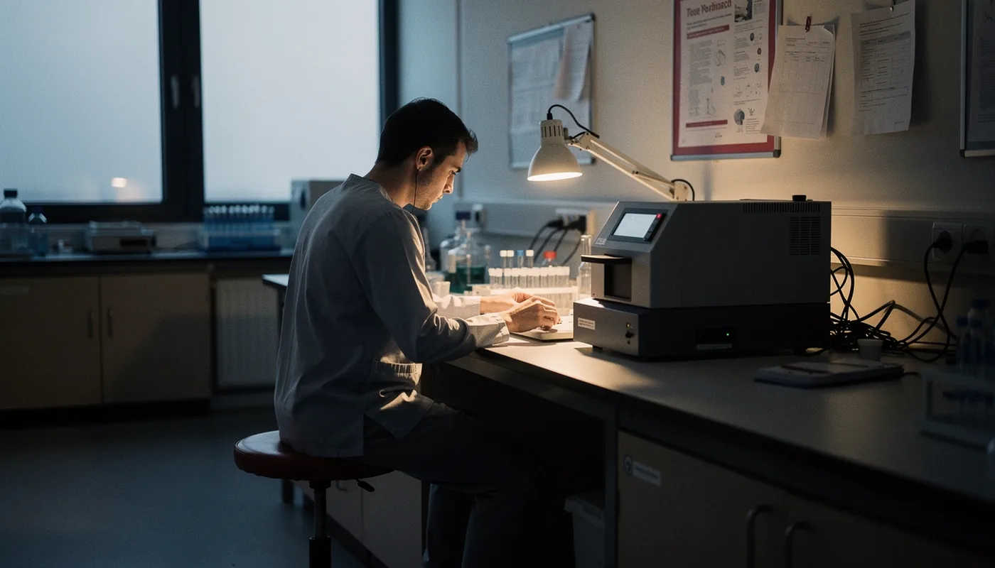 A technician beside a laboratory analyser before dawn